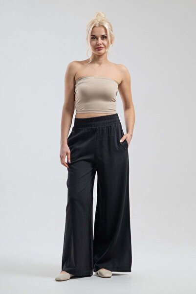 Bold & Young Γυναικείο μαύρο παντελόνι με ελαστική μέση και φαρδιά μπατζάκια ...