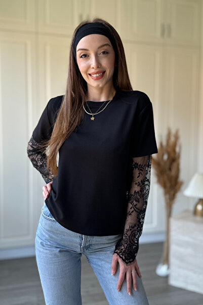 Dilay Gökoğlu Butik Μαύρη μπλούζα Modal με δαντελένια λεπτομέρεια στα μανίκια