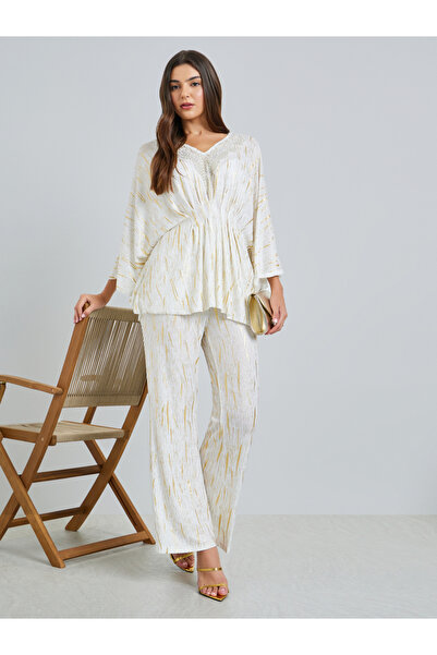 Styli White Textured Foil Print Wide Leg Trousers