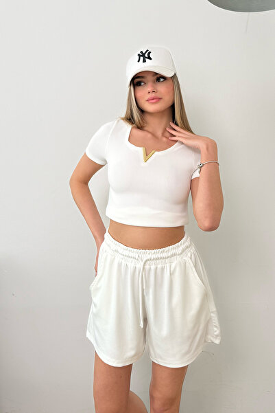 GİYSA Γυναικείο σορτς με ρυθμιζόμενη μέση και διπλές τσέπες Modal Λευκό - 26673