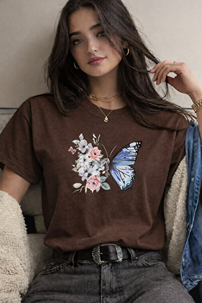 By Layina Tricou de damă supradimensionat cu imprimeu fluturi și flori