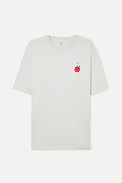 Mudo Erkek Kırık Beyaz Baskılı Oversize Bisiklet Yaka T-Shirt