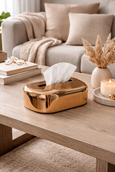 Gold- Bronz Dikdörtgen Dekoratif Peçetelik – Modern Tasarım Parlak Altın Masa Üstü Aksesuar