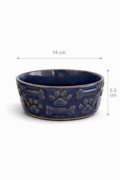 Bev Kitchen 2'li Set Porselen Kedi Köpek Mama Ve Su Kabı Mavi-Mavi (14cm&5.5 cm)