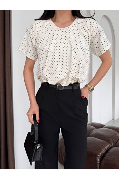 NEW JOURNAL Дамска екрю блуза с къс ръкав тип балон ELT5072