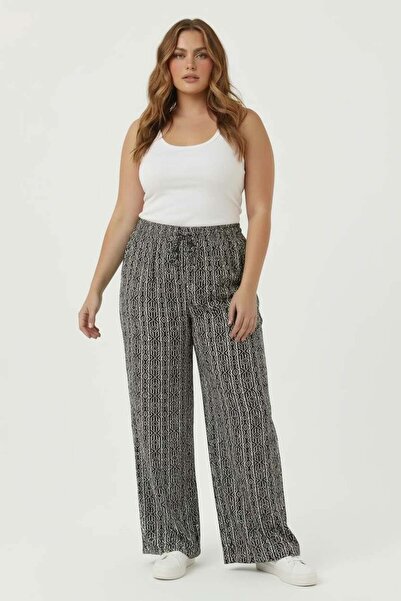 RMG Waist Tie Black and White Patterned Women's Plus Size Wide Leg Pants Black