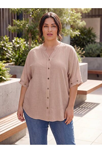 RMG Γυναικείο πουκάμισο μεγάλου μεγέθους με λεπτομέρεια σε σχέδιο μανικετόκου...