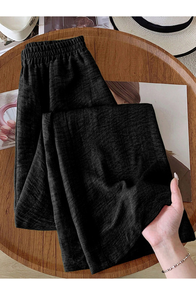 Take Two By Styli Black Textured Wide Leg Trousers