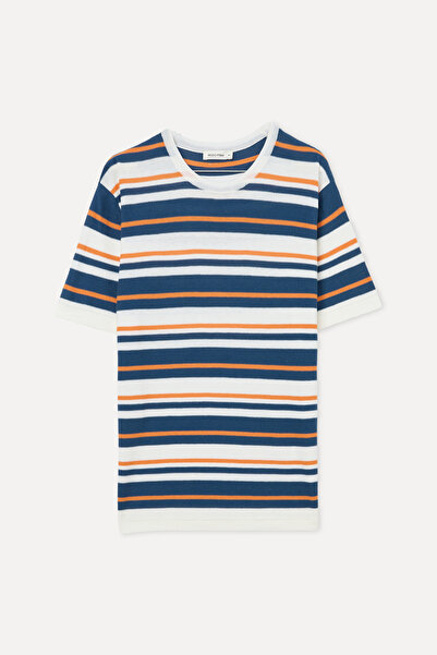 Mudo Men's Off-White Striped Crew Neck Short Sleeve Knitwear Sweater