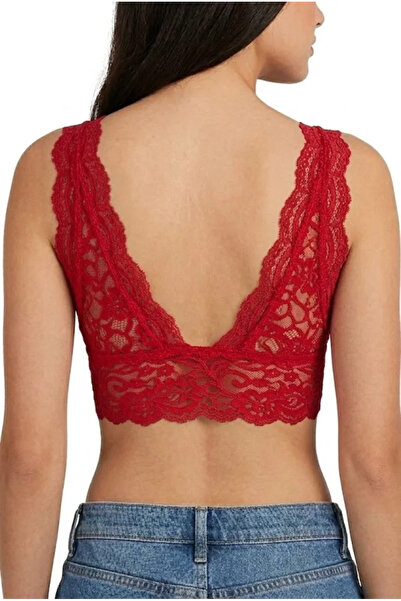 modi Dantel Bralet Crop Sütyen V Yaka Askılı Şık Esnek Rahat - Kırmızı