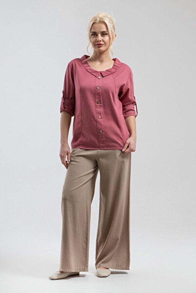 Bold & Young Γυναικεία βαμβακερή μπλούζα με ροζ γιακά και κουμπιά, αξεσουάρ B...