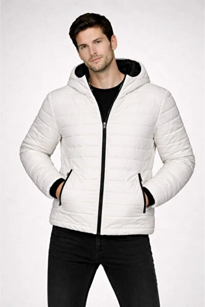 modi Men's Street Style Cream Puffer Hooded Zipper Coat Water Repellent Quilt...