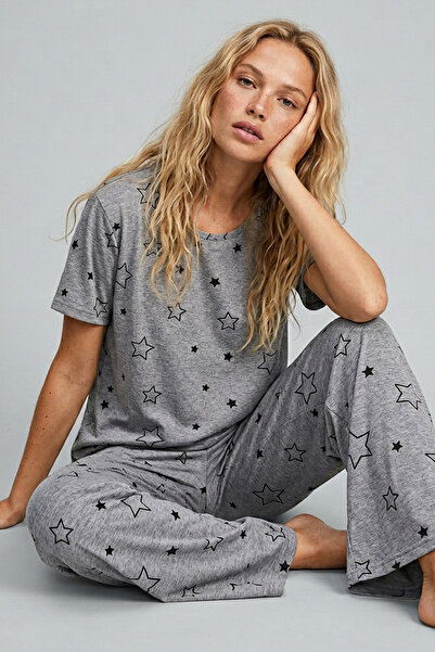 Siyah İnci γκρι μελανζέ με σχέδιο αστέρια Σετ πιτζάμες με κοντά μανίκια 7612