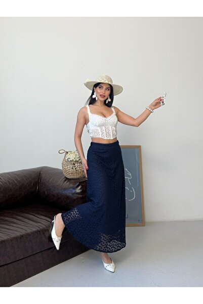 BLUSS Γυναικεία μακριά φούστα με ψηλόμεσο κέντημα από δαντέλα και επένδυση