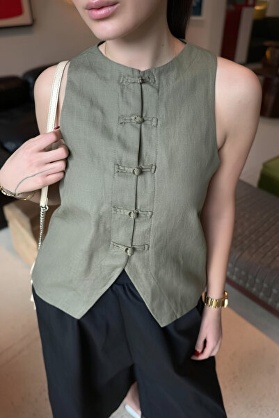 My Blog Χακί 100% Λινό Γιλέκο - 40136