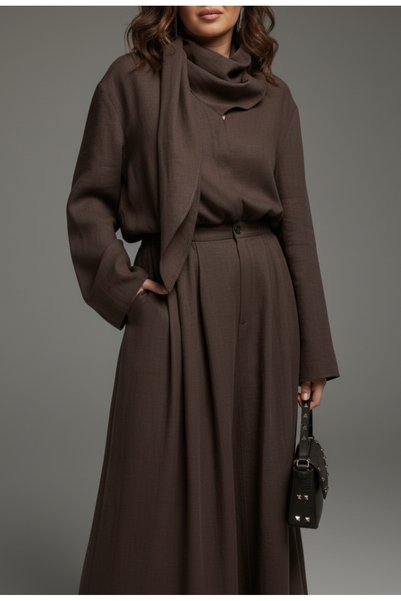 Lia Scarf Collar Shirt & Trousers Premium Tencel Set Brown