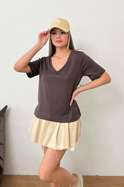 GİYSA Γυναικείο T-Shirt με λαιμόκοψη V από ύφασμα Modal, Βασικό, Καφέ - MS000...