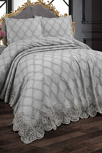 Dora Fransız Güpürlü Çeyizlik Çift Kişilik Battal Boy Pike Örtüsü Seti / Yatak Örtüsü Seti 3 Parça