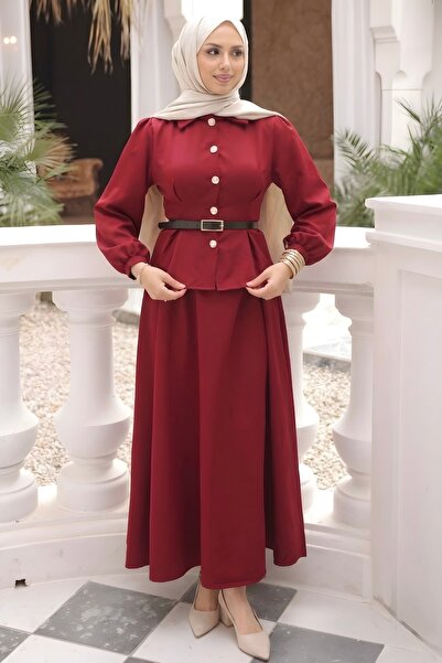 İmajButik Βουργουνδί χρώματος κοστούμι πουκάμισο και φούστα με ραφές στη μέση