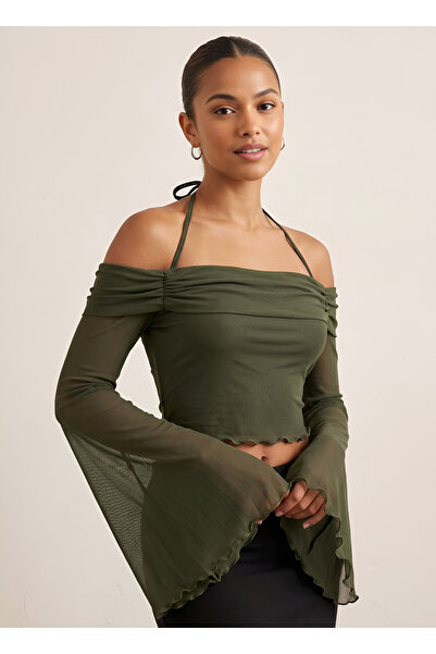 BLOUSE Tül Detaylı Boyundan Bağlamalı Flare Kol Crop