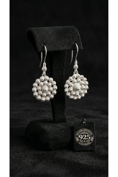 Roza Silver 925 Ayar Geleneksel Telkari Midyat Bereket Serisi Çiçek Sallantılı Kanca Gümüş Küpe - 17mm