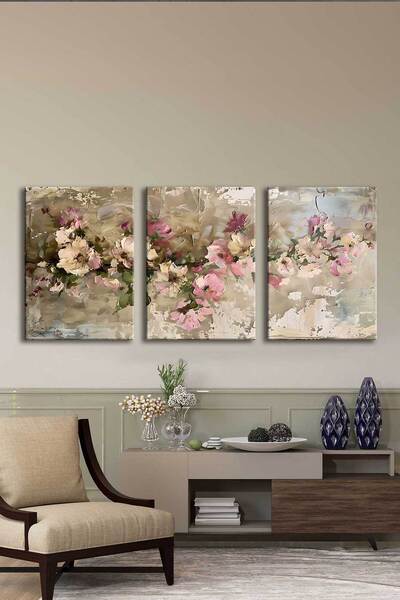 Voovart Modern Soyut Çiçekler Kanvas Tablo - 3'lü Canvas Tablo Seti - VOOV4381