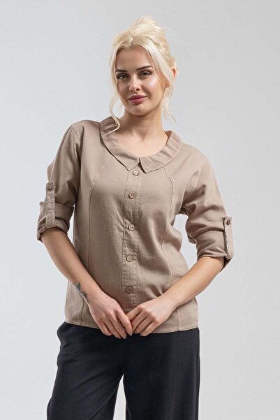 Bold & Young Γυναικεία Μπεζ Βαμβακερή Μπλούζα με Γιακά Μωρού και Κουμπιά, Αξε...