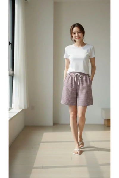 Generic Brand شورت نسائي من Rose Dry Gingham - شورت صيفي كاجوال بخصر مطاطي وأ...