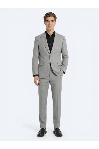 Kip Gri Çizgili Modern Fit Yün Karışımlı Takım Elbise