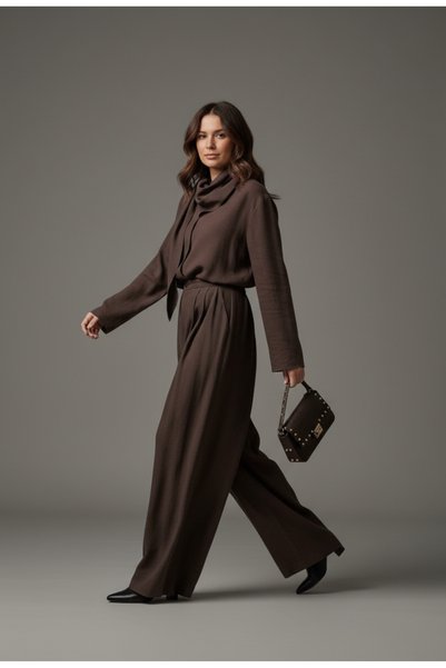 Lia Scarf Collar Shirt & Trousers Premium Tencel Set Brown