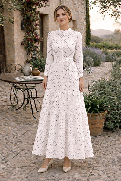 benguen Φόρεμα με μοτίβο πουά και σχέδιο τεσσέττουρ 586 Λευκό