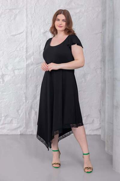 Madwilo Γυναικείο φόρεμα με μαύρο βολάν, δαντέλα και ασύμμετρη λεπτομέρεια, ε...