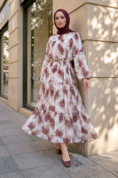 MODAQU Leya Patterned Lined Chiffon Dress - Plum