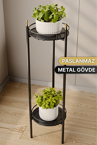 Bino 2 Katlı Siyah Saksılık Organizer Bahçe Balkon Standı Çiçeklik Dekoratif Lüks Metal Servis Tepsi