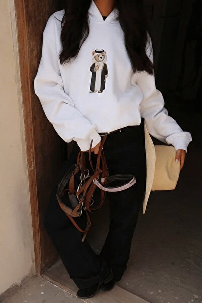 GIA - ART Γυναικείο φούτερ με κουκούλα Qatari Bear σε μαύρο και λευκό – Με κο...