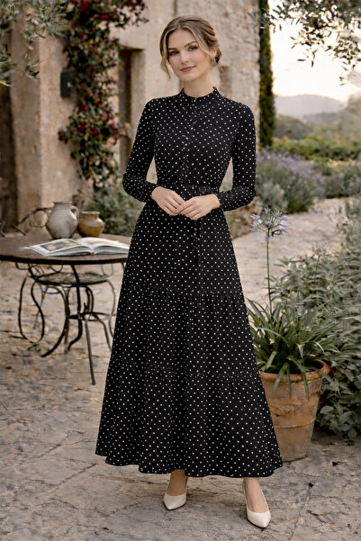 benguen Φόρεμα με μοτίβο πουά και σχέδιο τεσεττούρ 586 Μαύρο