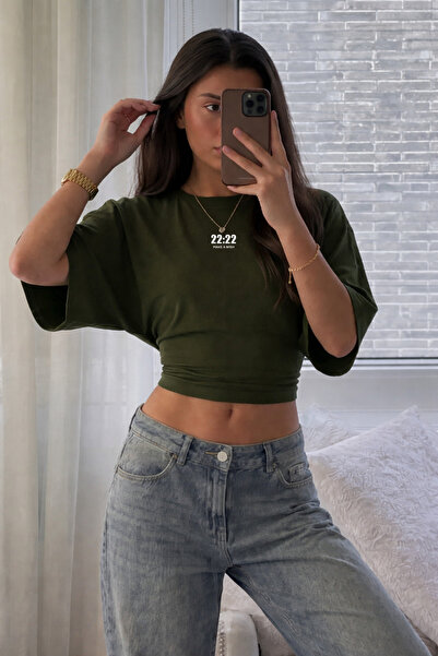 COMBİNE MİCHAİL Γυναικεία μπλούζα με στάμπα Make A Wish σε χακί χρώμα