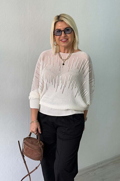By Esra Celkan Cream Bat Sleeve Transparent Embossed Patterned Thin Knitwear