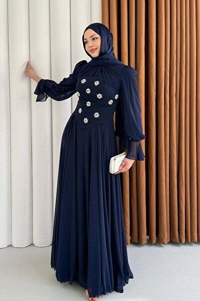 Modaensarbutik Degaje Yaka Seyyar Korseli Taşlı Abiye-LACİVERT