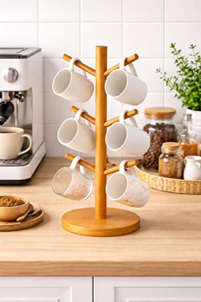 CİHO Βάση για κούπες από μπαμπού με 6 κρεμάστρες, Βάση για φλιτζάνια καφέ, Ρά...