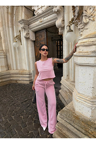 kırmızı butiks Ροζ Σετ Δύο Τεμαχίων με Δέσιμο στην Πλάτη