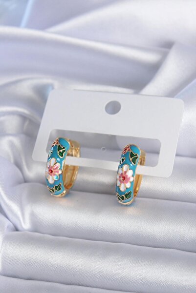 BUTİK AYVİTRİN Brass Gold Color Blue Flower Embroidery Detail Women's Earrings