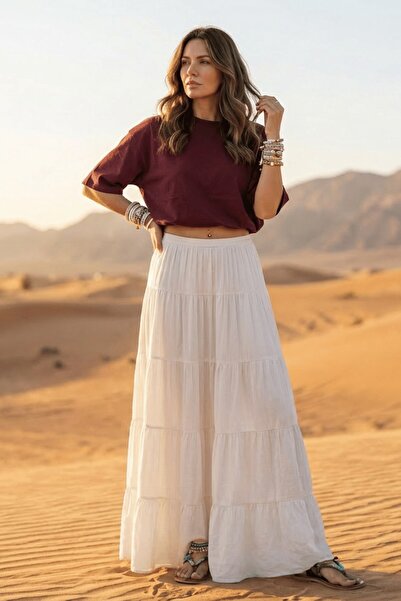 GIA - ART Women's Elastic Waist Panel Midi Skirt Ecru – 100% Viscose, Comfort...