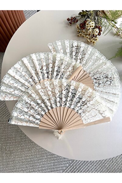 Miamantra 3 Adet Ahşap Dantelli Bej Rengi Katlanabilir Yelpaze /3'lü Set (Bek...