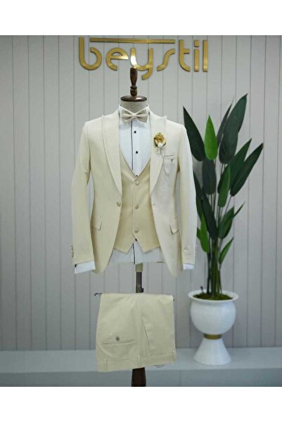 Beystil Sivri Yaka Krem Damatlık & Smokin Takım Y92 -Slim Fit