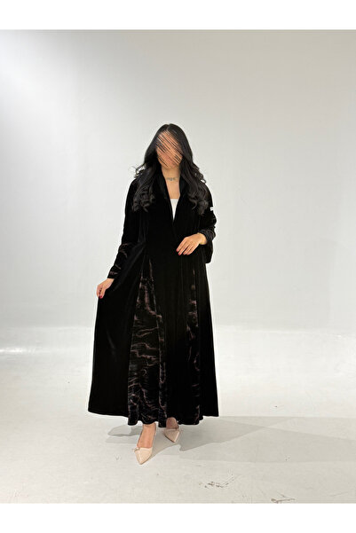 Tori Black Velvet Abaya with Black Velvet Embellishments and Printed Details.