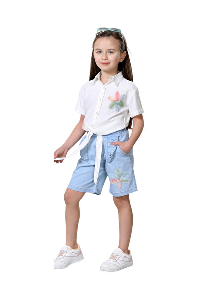İrem Çocuk Giyim Girl's Shirt with Floral Detail and Tie Front, White Color, ...