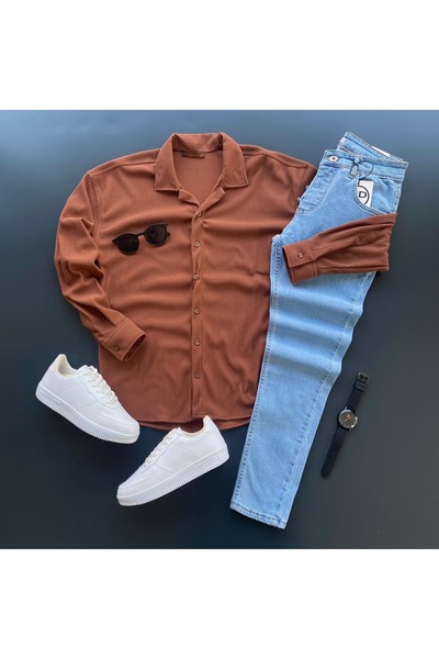 THANBUTİK κοτλέ Σετ Πλεκτό Πουκάμισο και Παντελόνι Τζιν Στενής Γραμμής