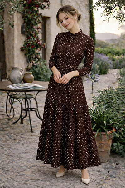 benguen Φόρεμα με μοτίβο πουά και σχέδιο τεσσέττουρ 586 Καφέ