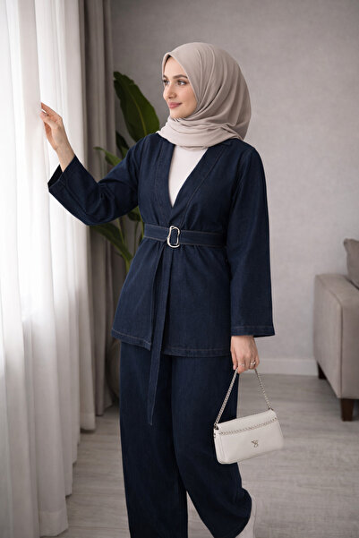 Molly Nelly Γυναικείο Σετ Παντελόνι με Ζώνη Τζιν με Λεπτομέρειες